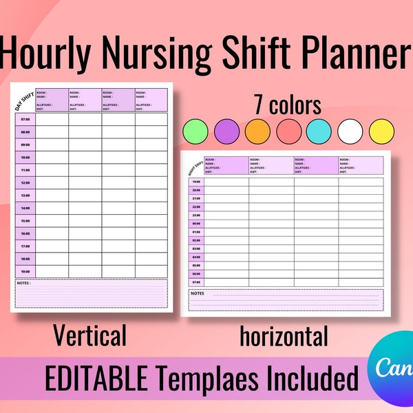 Hourly Nursing Shift Planner, 4 Patient Medication and To-Do Planner, Day and Night Shift, Printable Template, A4 and US-LETTER