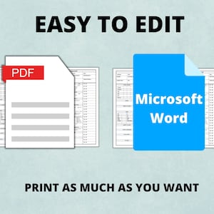 May include: Image features two document icons, one labeled "PDF" in red and the other "Microsoft Word" in blue, each superimposed over a form. The text "EASY TO EDIT" and "PRINT AS MUCH AS YOU WANT" are displayed in black.