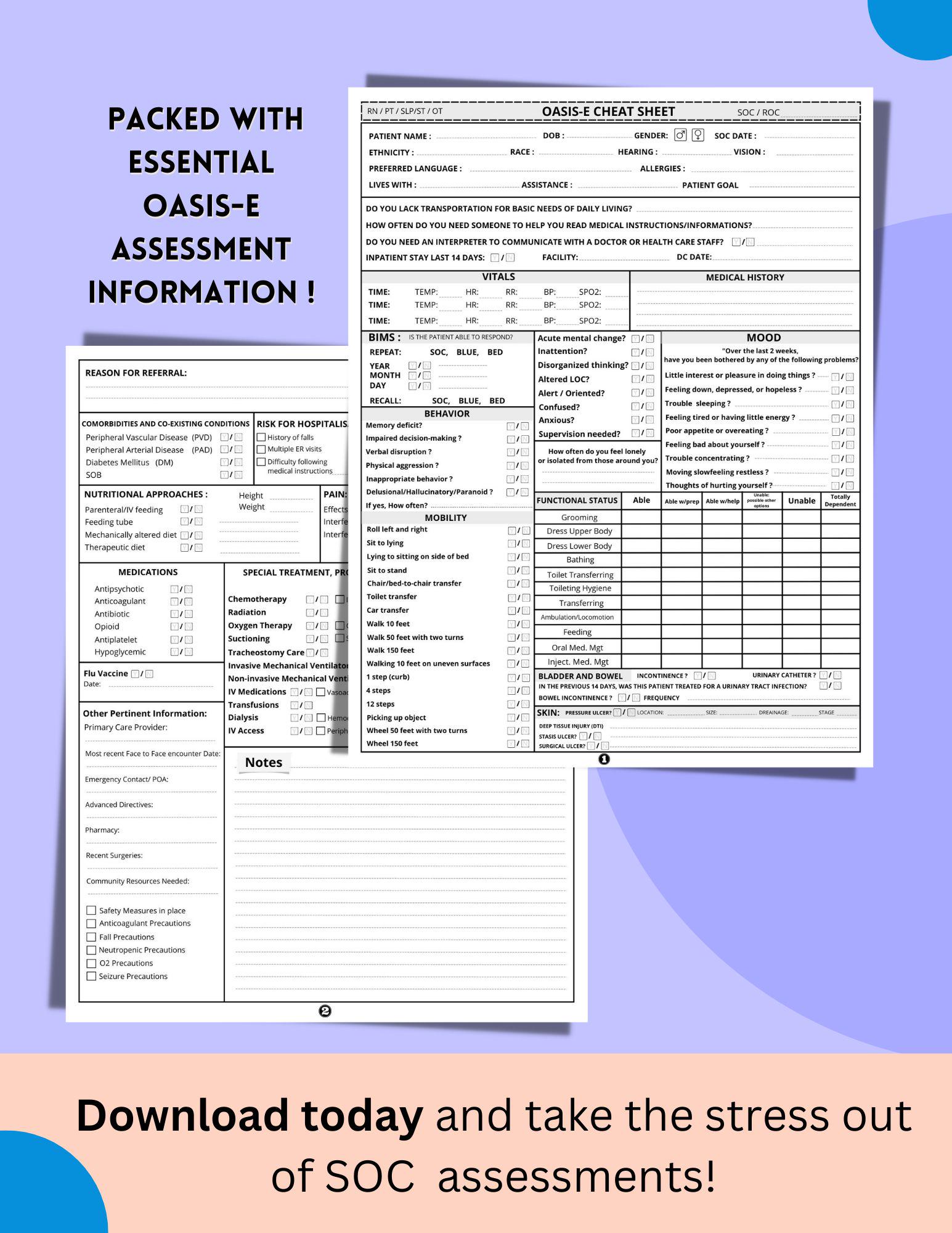 OASIS E Cheat Sheets | Home Health Nurse Start of Care SOC Templates - Etsy
