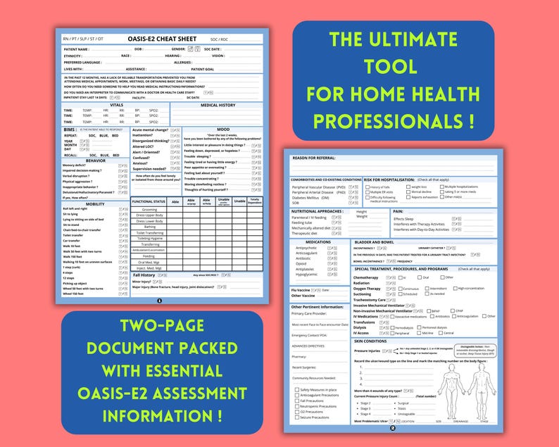 OASIS-E2 Cheat Sheet (2026), Start of Care Template, Home Health Nurse ...