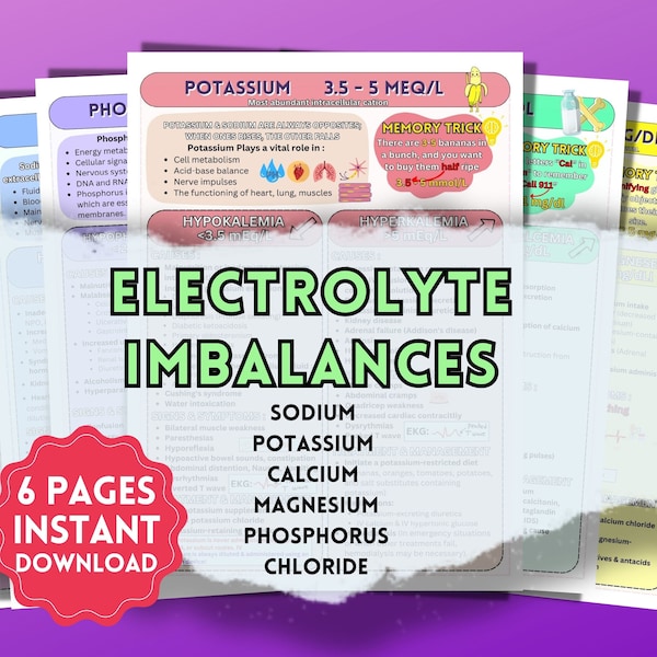 Electrolyte Imbalances Study Guide | Nursing Notes | 6 Pages PDF Digital Download | Nursing School Study Guides | NCLEX