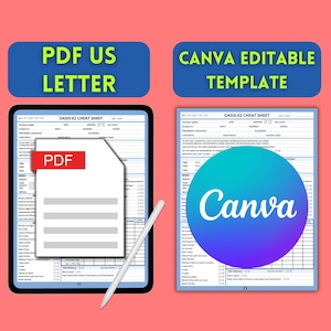May include: A digital Oasis-E2 cheat sheet template displayed on a tablet with a stylus, alongside a printable PDF version and a Canva editable template. The documents feature structured medical data fields for patient information and clinical history.