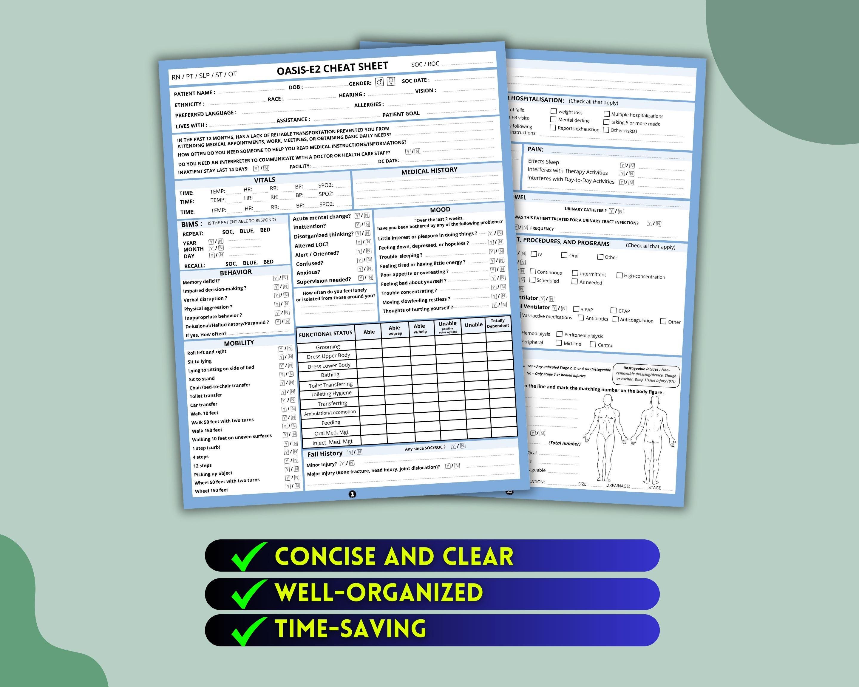 Ultimate OASIS-E2 Bundle, Home Health Nursing Cheat Sheet : BIMS, Wound ...