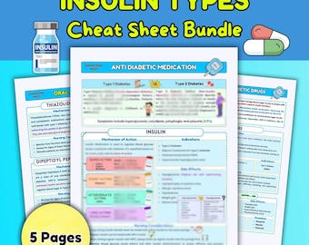 Puede incluir: Un paquete de cinco páginas de hojas de trucos educativas sobre tipos de insulina y medicamentos orales. El título "INSULIN TYPES Cheat Sheet Bundle" se muestra en texto amarillo. Las hojas incluyen información sobre medicamentos antidiabéticos, diabetes tipo 1 y 2.