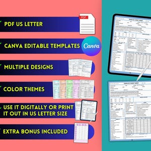 May include: A digital OASIS-E2 cheat sheet template set featuring PDF US letter format, Canva editable files, multiple colour themes, and designs. The set includes a tablet displaying the form, a stylus, and various printable document layouts.