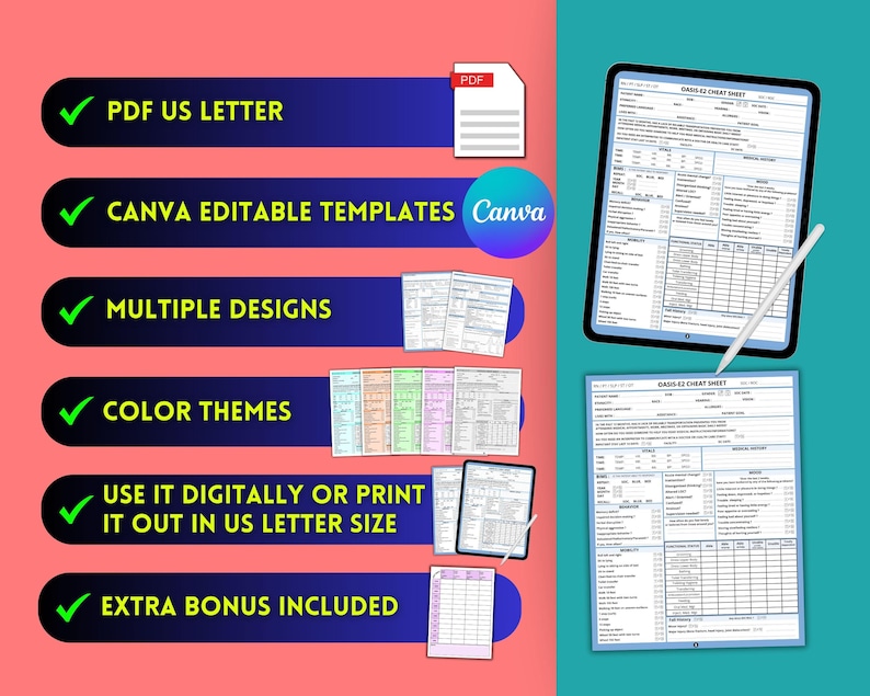May include: A digital OASIS-E2 cheat sheet template set featuring PDF US letter format, Canva editable files, multiple colour themes, and designs. The set includes a tablet displaying the form, a stylus, and various printable document layouts.