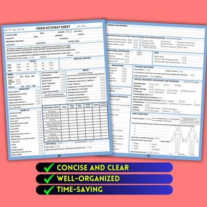 May include: Two light blue OASIS-E2 cheat sheets with dark blue text and grids for medical documentation. The forms include sections for patient vitals, medical history, mood, mobility, and skin conditions, with checkmarks for concise and clear data entry.
