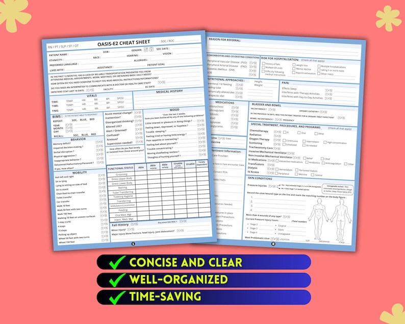 May include: Two light blue OASIS-E2 cheat sheets with dark blue text and grids for medical documentation. The forms include sections for patient vitals, medical history, mood, mobility, and skin conditions, with checkmarks for concise and clear data entry.