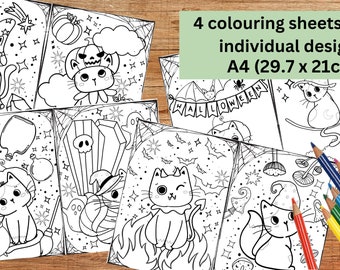 Coloriages de chats d’Halloween imprimables, feuilles de coloriage de chats d’Halloween, coloriage pour les enfants | Téléchargement instantané | A4