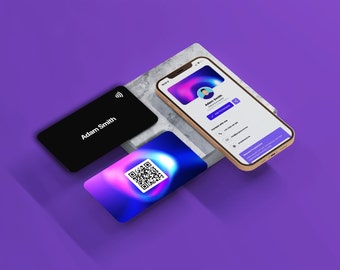 May include: A digital business card with a QR code, a person's name, and contact information displayed on a smartphone screen. The business card is on a marble surface.