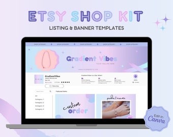 Plantillas de banner de tienda de Etsy, kit de marca de tienda de Etsy degradado, plantillas de maqueta de Canva editables, kit de tienda de Etsy, paquete de banner de tienda de Etsy moderno