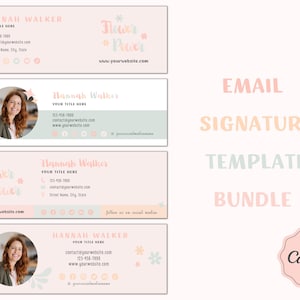 Könnte beinhalten: Vier rosa und grüne E-Mail-Signaturvorlagen mit floralem Thema. Jede Vorlage zeigt ein Porträt einer Frau, Kontaktinformationen und den Text "Flower Power". Die Vorlagen sind für die Bearbeitung in Canva konzipiert.