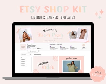 Plantillas de banner de tienda de Etsy, kit de marca de tienda de Etsy pastel, plantillas de maqueta de Canva editables, kit de tienda de Etsy, paquete de banner de tienda de Etsy moderno