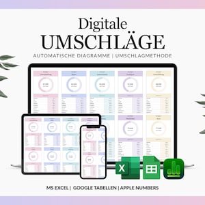 May include: A digital budget tracker display on a laptop, tablet, and smartphone screen with the text Digitale UMSCHLÄGE AUTOMATISCHE DIAGRAMME UMSCHLAGMETHODE. The interface shows colorful charts and tables for financial planning with MS Excel, Google Sheets, and Apple Numbers icons.