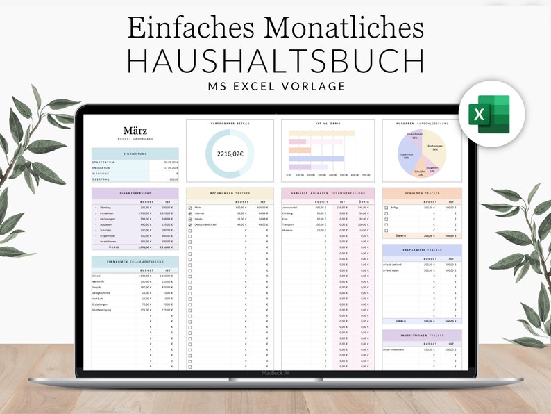 May include: A laptop screen displaying a spreadsheet template for a monthly budget. The spreadsheet is titled "Einfaches Monatliches Haushaltsbuch" and includes sections for income, expenses, and a summary. The spreadsheet is designed in a light pink and blue colour scheme.