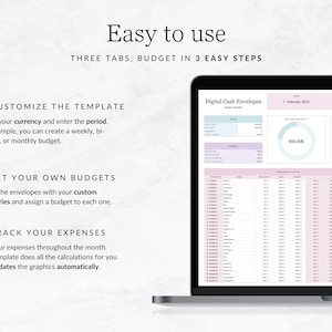 May include: A laptop computer screen displaying a digital cash envelope budgeting template. The template includes a budget tracker, a list of expenses, and two pie charts showing spending for the month of February. The text on the screen reads "Digital Cash Envelopes" and "Easy to use".