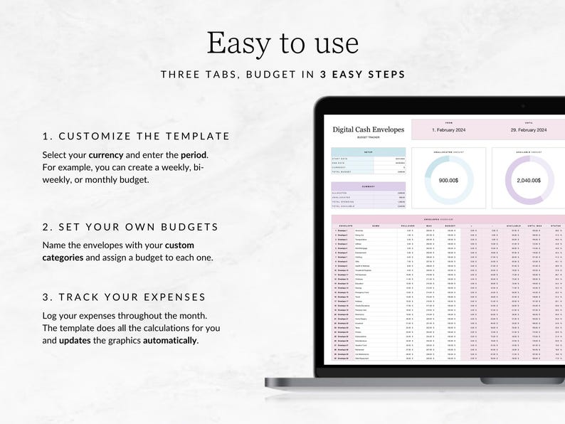 May include: A laptop computer screen displaying a digital cash envelope budgeting template. The template includes a budget tracker, a list of expenses, and two pie charts showing spending for the month of February. The text on the screen reads "Digital Cash Envelopes" and "Easy to use".