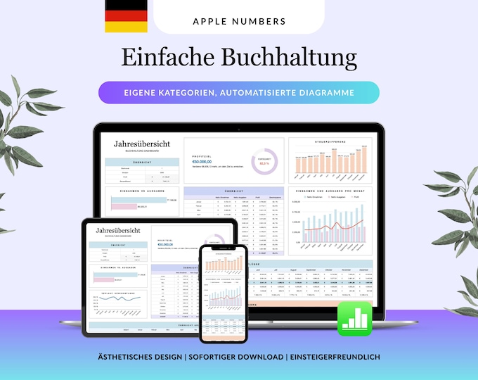 Easy Bookkeeping Template Small Business GERMAN for Apple Numbers, Income and Expense Tracker, Simple Business Accounting Sheet for Mac
