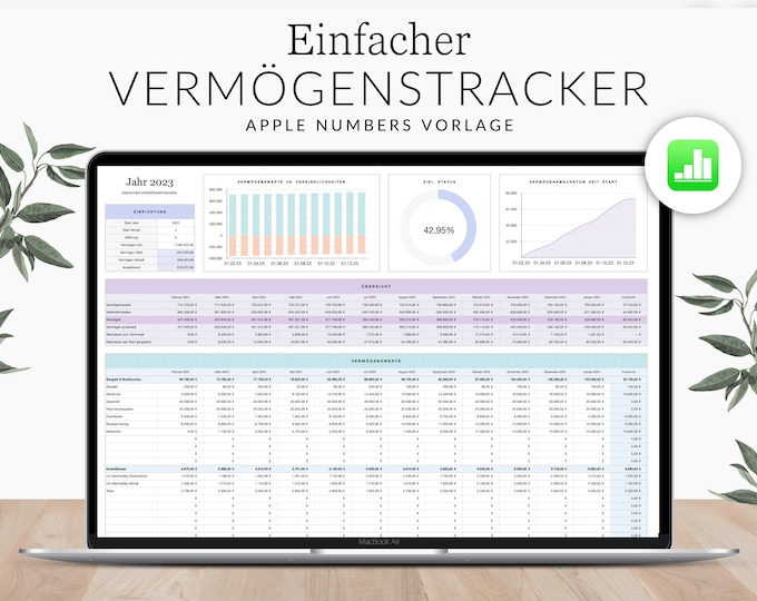Simple wealth tracker for Apple Numbers (German version), wealth planner, income tracker, expense tracker, budget templates, annual planner