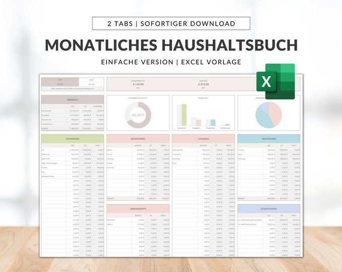 Monthly budget in Excel (German), wealth planner, income tracker, expense tracker, Excel budget (German), Excel templates, monthly planner
