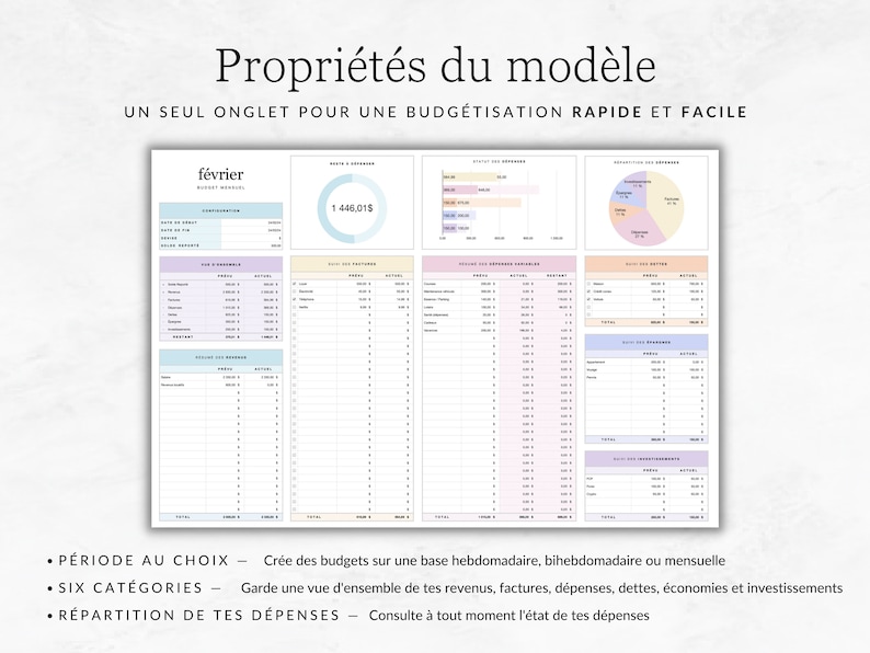 Op de afbeelding: Een printbare budgetsjabloon met een lichtblauw, roze en geel kleurenschema. De sjabloon bevat secties voor inkomsten, uitgaven en besparingen. De tekst op de sjabloon luidt "Propri&eacute;t&eacute;s du mod&egrave;le" en "UN SEUL ONGLET POUR UNE BUDG&Eacute;TISATION RAPIDE ET FACILE".