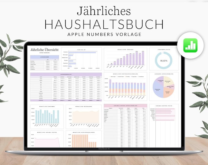 Apple Numbers Annual Budget Template GERMAN for Mac, iPad and iPhone, Income and Expense Spreadsheet, Simple Budgeting for Beginners