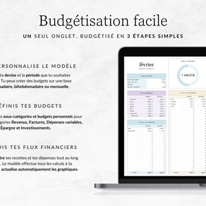 Op de afbeelding: Een laptopscherm dat een budgetspreadsheet toont met een lichtblauw, roze en geel kleurenschema. De spreadsheet bevat een cirkeldiagram met de tekst "1.446,01 $" en het woord "f&eacute;vrier" in de linkerbovenhoek. De tekst "Budg&eacute;tisation facile" wordt bovenaan het scherm weergegeven.