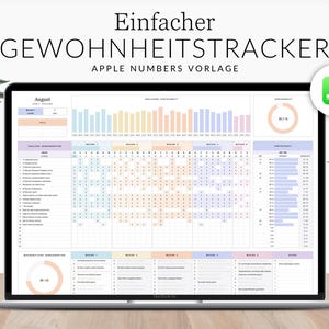 Könnte beinhalten: Ein Laptop zeigt eine digitale Vorlage für einen Gewohnheitstracker. Der Bildschirm zeigt ein kalenderartiges Layout mit farbcodierten Abschnitten und Datenvisualisierungen. Der Text oben lautet "Einfacher Gewohnheitstracker" und "Apple Numbers Vorlage."