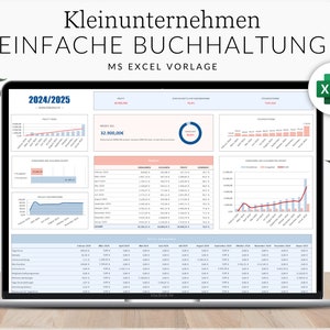 Könnte beinhalten: Ein Laptop-Bildschirm zeigt eine Tabelle mit Diagrammen und Grafiken. Die Tabelle ist mit "2024/2025" betitelt und enthält Daten zu Umsatz, Ausgaben und Gewinn. Der Titel der Tabelle lautet "Kleinunternehmen Einfache Buchhaltung MS Excel Vorlage".