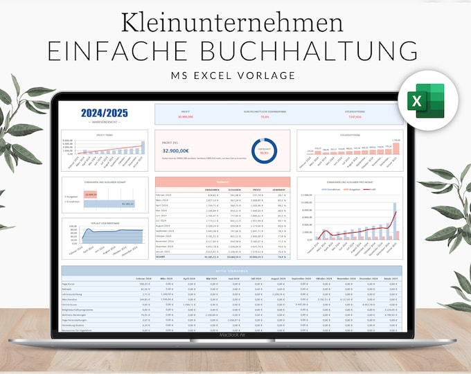 Accounting (income and expense statement) for small businesses (German), Microsoft Excel income and expense spreadsheet, cash book, VAT prepayment