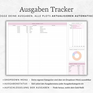 May include: A printable budget tracker with a pink and white colour scheme. The tracker includes a table for logging expenses, a pie chart, and a bar graph. The text on the page reads "Ausgaben Tracker" and "Logge deine Ausgaben, alle plots aktualisieren automatisch".