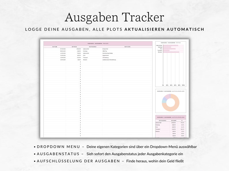 May include: A printable budget tracker with a pink and white colour scheme. The tracker includes a table for logging expenses, a pie chart, and a bar graph. The text on the page reads "Ausgaben Tracker" and "Logge deine Ausgaben, alle plots aktualisieren automatisch".