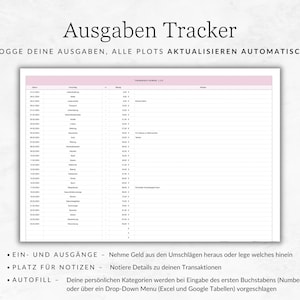 K&ouml;nnte beinhalten: Eine druckbare Ausgaben-Tracker-Tabelle mit dem Titel "Ausgaben Tracker" und dem Text "Logge deine Ausgaben, alle plots aktualisieren automatisch". Die Tabelle enth&auml;lt Spalten f&uuml;r Datum, Beschreibung, Kategorie, Betrag und Notizen. Der Text unter der Tabelle lautet "Ein- und Ausg&auml;nge - Nehme Geld aus den Umschl&auml;gen heraus oder lege welches hinein", "Platz f&uuml;r Notizen - Notiere Details zu deinen Transaktionen", und "Autofill - Deine pers&ouml;nlichen Kategorien werden bei Eingabe des ersten Buchstabens (Numbers) oder &uuml;ber ein Drop-Down Menu (Excel und Google Tabellen) vorgeschlagen".