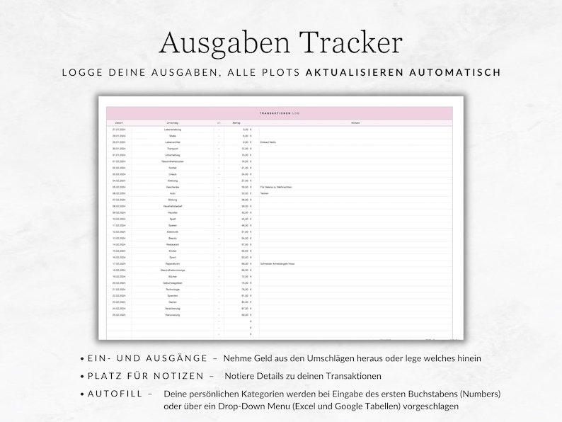 K&ouml;nnte beinhalten: Eine druckbare Ausgaben-Tracker-Tabelle mit dem Titel "Ausgaben Tracker" und dem Text "Logge deine Ausgaben, alle plots aktualisieren automatisch". Die Tabelle enth&auml;lt Spalten f&uuml;r Datum, Beschreibung, Kategorie, Betrag und Notizen. Der Text unter der Tabelle lautet "Ein- und Ausg&auml;nge - Nehme Geld aus den Umschl&auml;gen heraus oder lege welches hinein", "Platz f&uuml;r Notizen - Notiere Details zu deinen Transaktionen", und "Autofill - Deine pers&ouml;nlichen Kategorien werden bei Eingabe des ersten Buchstabens (Numbers) oder &uuml;ber ein Drop-Down Menu (Excel und Google Tabellen) vorgeschlagen".