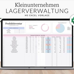 Puede incluir: Un ordenador portátil que muestra una hoja de cálculo con el título "Produktinventar" y el texto "Kleinstunternehmen Lagerverwaltung MS Excel Vorlage". La pantalla muestra datos de inventario, gráficos y un icono de Excel.