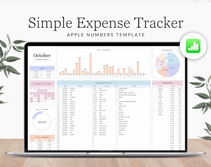 Apple Numbers Expenses Tracker for Mac, iPad and iPhone, Expense Spreadsheet, Simple Budgeting for Beginners, Budget Template