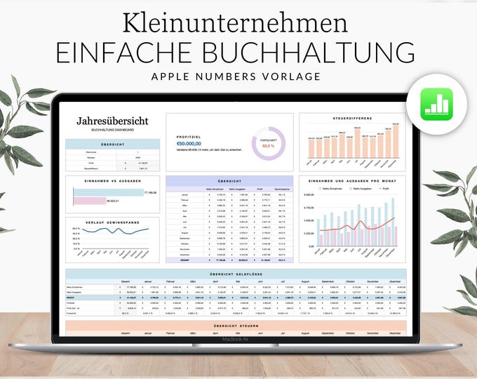 Easy Bookkeeping Template Small Business GERMAN for Apple Numbers, Income and Expense Tracker, Simple Business Accounting Sheet for Mac