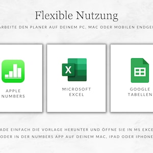 K&ouml;nnte beinhalten: Eine Grafik, die drei verschiedene Tabellenkalkulationsprogramme zeigt: Apple Numbers, Microsoft Excel und Google Sheets. Der Text "Flexible Nutzung" befindet sich oben im Bild. Der Text "BEARBEITE DEN PLANER AUF DEINEM PC, MAC ODER MOBILEN ENDGER&Auml;T" befindet sich unter der Grafik. Der Text "LADE EINFACH DIE VORLAGE HERUNTER UND &Ouml;FFNE SIE IN MS EXCEL ODER IN DER NUMBERS APP AUF DEINEM MAC, IPAD ODER IPHONE" befindet sich unten im Bild.