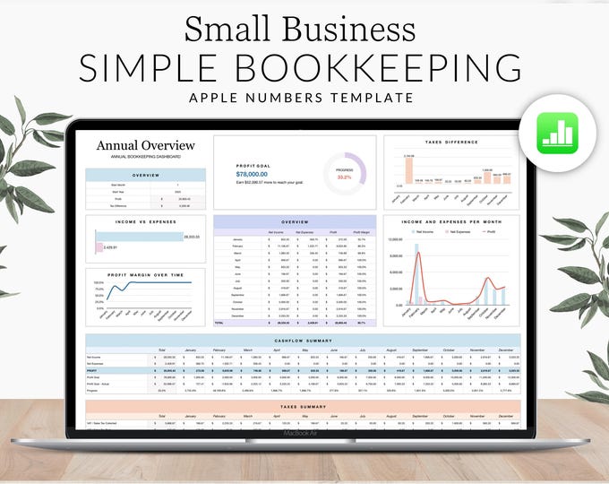 Easy Bookkeeping Template Small Business ENGLISH for Apple Numbers, Income and Expense Tracker, Simple Business Accounting Sheet for Mac