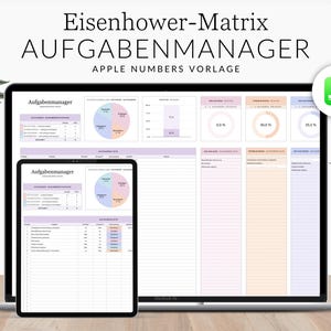 Könnte beinhalten: Ein Laptop und ein Tablet-Bildschirm zeigen eine Tabellenvorlage für einen Eisenhower-Matrix-Aufgabenmanager. Die Vorlage ist für Apple Numbers konzipiert und verfügt über ein hellrosa und blaues Farbschema. Der Titel der Vorlage lautet "Eisenhower-Matrix AUFGABENMANAGER APPLE NUMBERS VORLAGE".