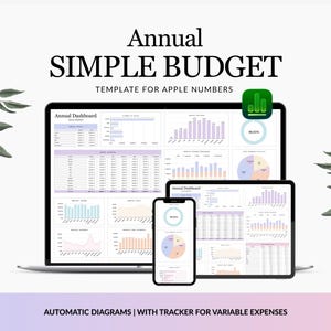 May include: An Annual Simple Budget template for Apple Numbers displayed on a laptop, tablet, and smartphone. The screens show financial dashboards with bar charts, pie charts, and tables. Text reads Annual Simple Budget and Automatic Diagrams.