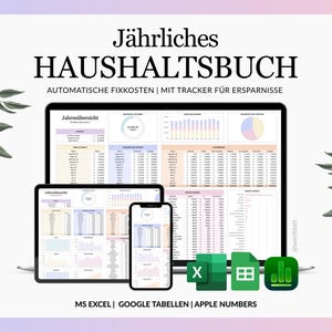 Könnte beinhalten: Ein digitaler jährlicher Haushaltsplaner auf einem Laptop, Tablet und Smartphone. Die Benutzeroberfläche zeigt Finanztabellen, Diagramme und Spar-Tracker. Symbole für MS Excel, Google Tabellen und Apple Numbers sind unterhalb der Geräte abgebildet.