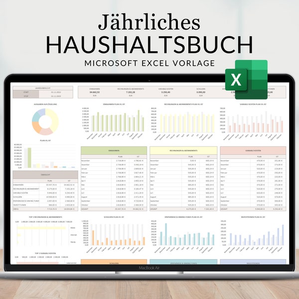 Jahreshaushalt Excel DEUTSCH, Vermögensplaner, Einnahmen Tracker, Ausgabentracker, Excel Budget Deutsch, Excel Vorlagen, Monatsplaner