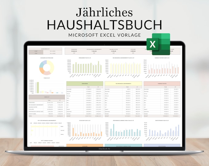 Annual budget in Excel German, wealth planner, income tracker, expense tracker, Excel budget in German, Excel templates, monthly planner