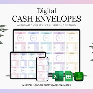 Puede incluir: Rastreador de presupuesto digital para sobres de efectivo en una computadora portátil, tableta y teléfono inteligente. La interfaz muestra gráficos y tablas automatizados para categorías de gastos. Iconos de MS Excel, Google Sheets y Apple Numbers.