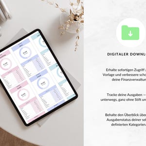 K&ouml;nnte beinhalten: Ein digitaler Download einer druckbaren Budget-Tracker-Vorlage. Die Vorlage enth&auml;lt ein rosa-blaues Farbschema mit Kreisdiagrammen und Listen zur Verfolgung von Ausgaben.