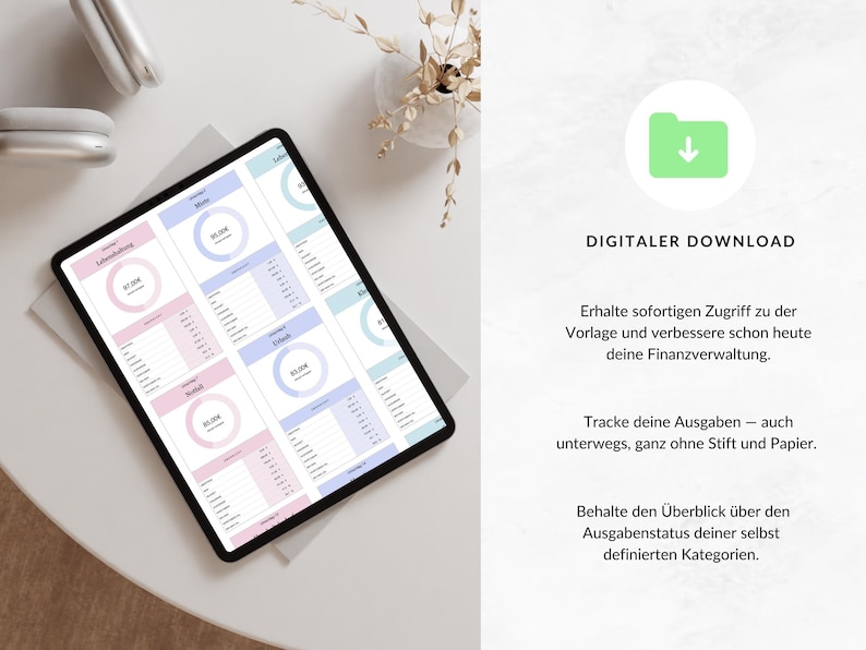 K&ouml;nnte beinhalten: Ein digitaler Download einer druckbaren Budget-Tracker-Vorlage. Die Vorlage enth&auml;lt ein rosa-blaues Farbschema mit Kreisdiagrammen und Listen zur Verfolgung von Ausgaben.