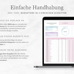 K&ouml;nnte beinhalten: Ein Laptop-Bildschirm zeigt eine Haushaltsbudget-Tabelle mit einem rosa-wei&szlig;en Farbschema. Die Tabelle enth&auml;lt einen Bereich f&uuml;r die Verfolgung von Ausgaben, einen Bereich f&uuml;r die Festlegung von Budgets und einen Bereich f&uuml;r die Verfolgung von Einnahmen. Die Tabelle enth&auml;lt auch ein Kreisdiagramm, das die Aufschl&uuml;sselung der Ausgaben zeigt. Der Text auf dem Bildschirm lautet "Einfache Handhabung" und "DREI TABS, BUDGETIERE IN 3 EINFACHEN SCHRITTEN".