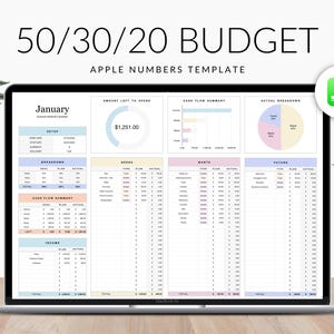 May include: A laptop displays a 50/30/20 budget template for Apple Numbers. The screen shows a monthly budget breakdown with sections for needs, wants, and future expenses. The text "50/30/20 BUDGET" is at the top.