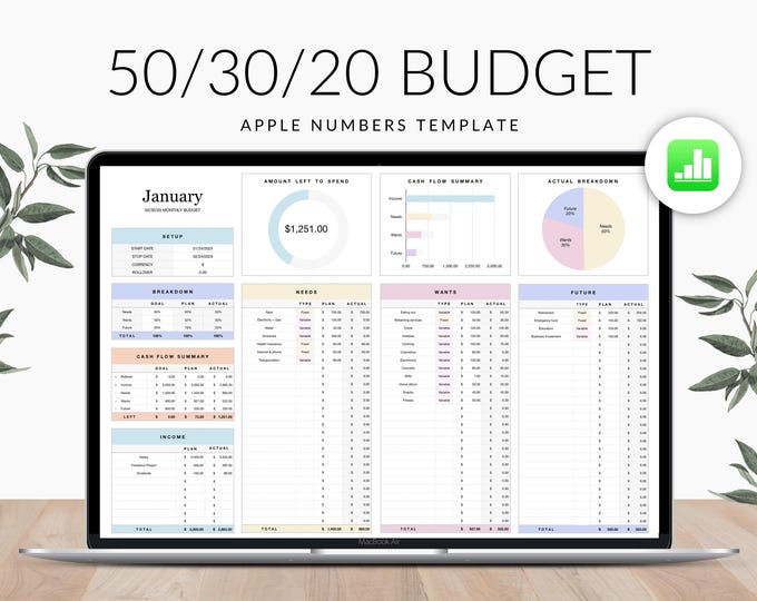 Apple Numbers 50 30 20 Budget Template for Mac, iPad and iPhone, Income and Expense Spreadsheet, Simple Budgeting for Beginners, 70 20 10